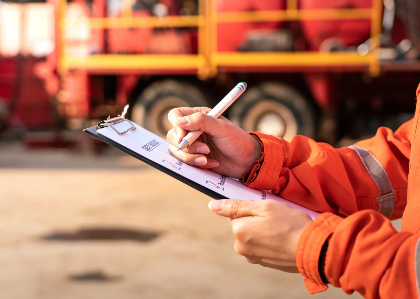 Action of safety office is writing on checklist
